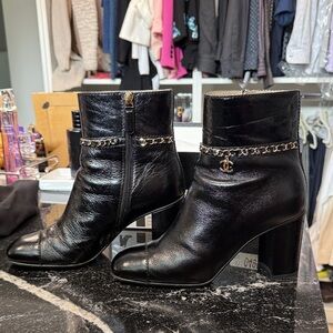 CHANEL Black Leather Chain-Trim Ankle Booties
